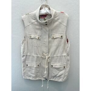 ENTRO | Beige Linen Blend Eyelet Lace Floral Back Lightweight Vest | Medium